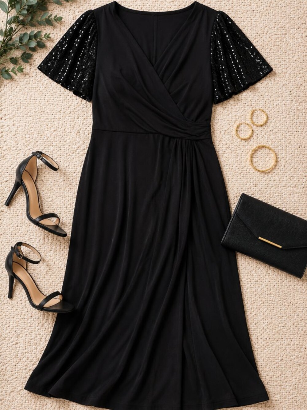 MSK Plus Size Black Sequin Sleeve Fit & Flare Midi Dress 1X NWT Cocktail Party